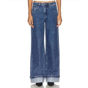 WEWOREWHAT Cuff Straight Leg Jean Denim in Mid Dark Light Size 26 NWT